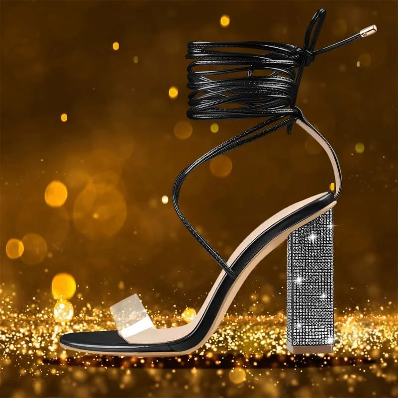 Richealnana Women's Rhinestones Block Heel Lace Up Ankle Wrap Heeled Sandals