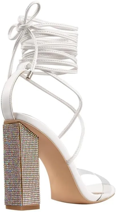 Richealnana Women's Rhinestones Block Heel Lace Up Ankle Wrap Heeled Sandals