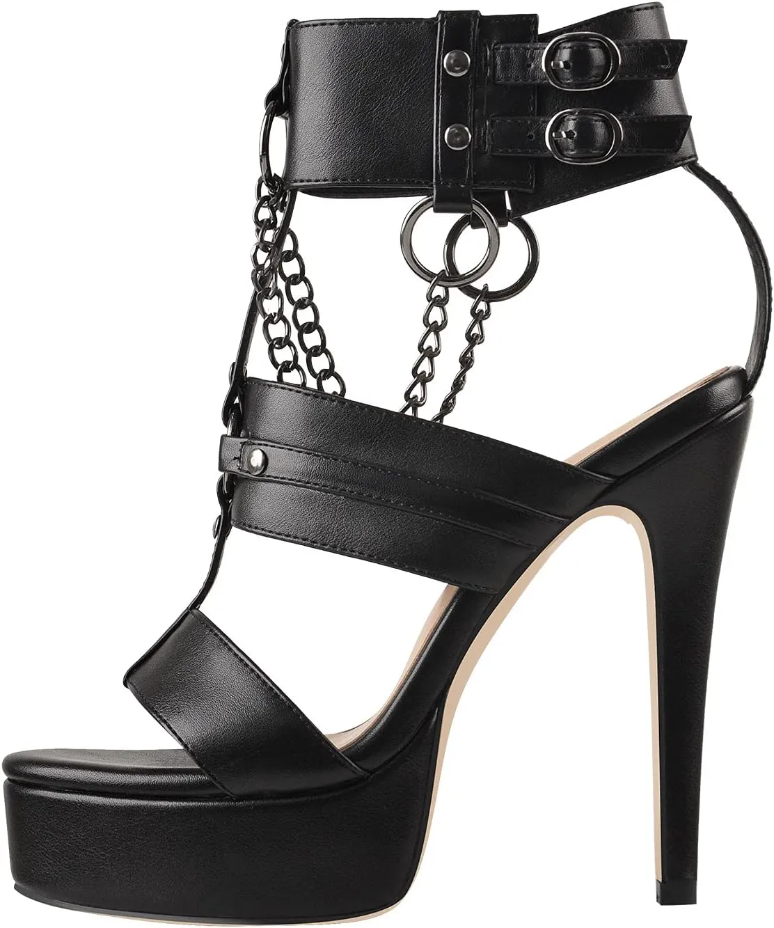 richealnini Ankle Strap Stiletto Heel Strappy Sandals with Chains and Grommets T-strap Studded Rivets Platform Sandals