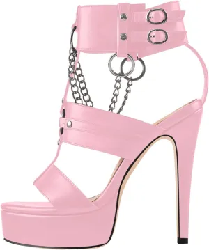 richealnini Ankle Strap Stiletto Heel Strappy Sandals with Chains and Grommets T-strap Studded Rivets Platform Sandals