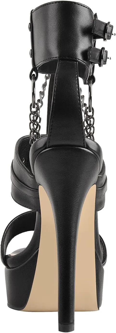 richealnini Ankle Strap Stiletto Heel Strappy Sandals with Chains and Grommets T-strap Studded Rivets Platform Sandals