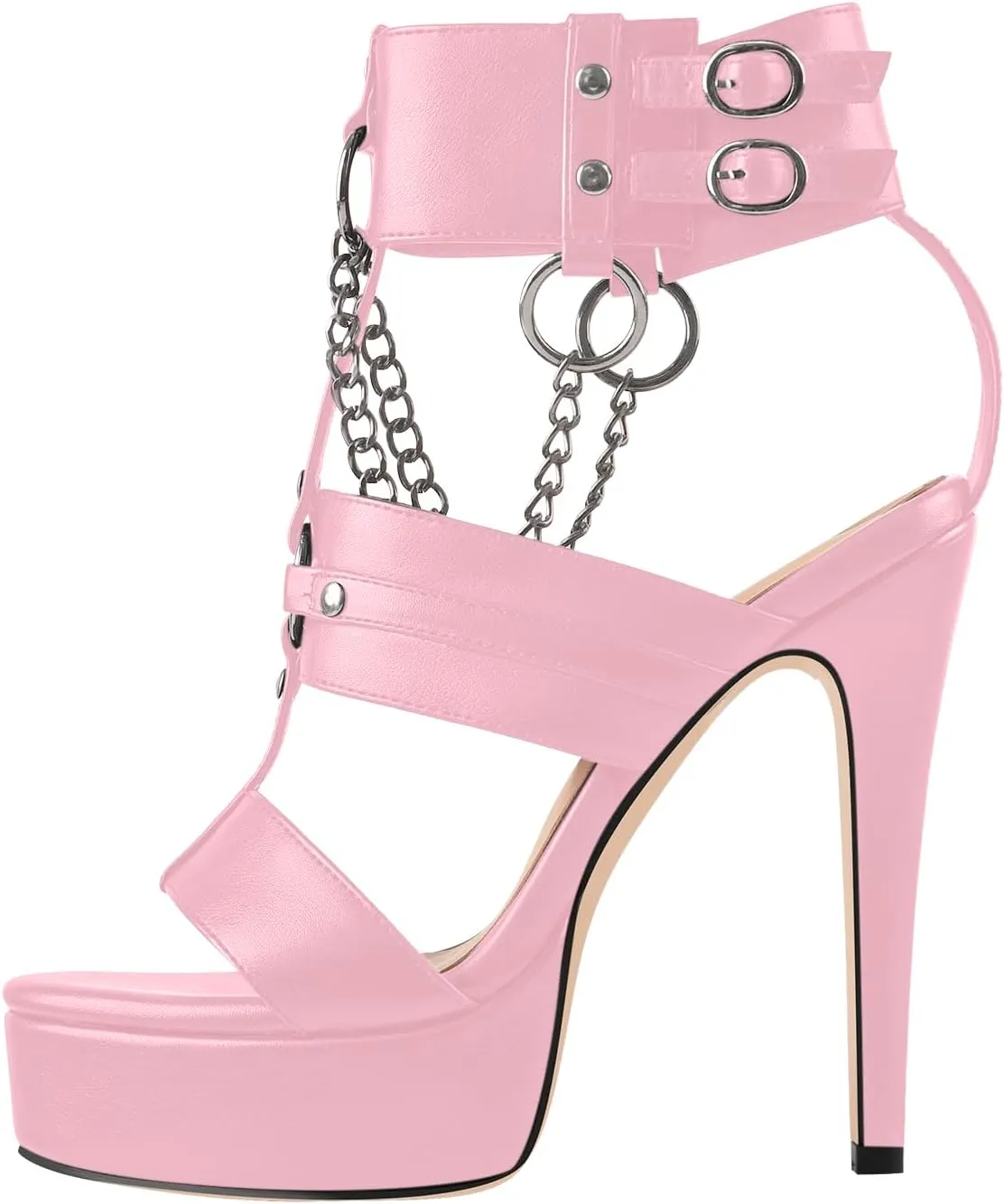 richealnini Ankle Strap Stiletto Heel Strappy Sandals with Chains and Grommets T-strap Studded Rivets Platform Sandals