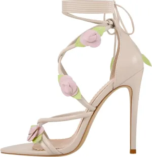 richealnini Flower Heels for Women Sexy Pointed Toe Strappy Sandals with Stiletto Ankle Strap Floral Lace Up Party Wedding Shoes