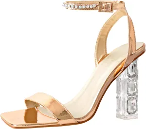 richealnini Rhinestons Strap Buckle Up Clear Heels Sandals with Block
