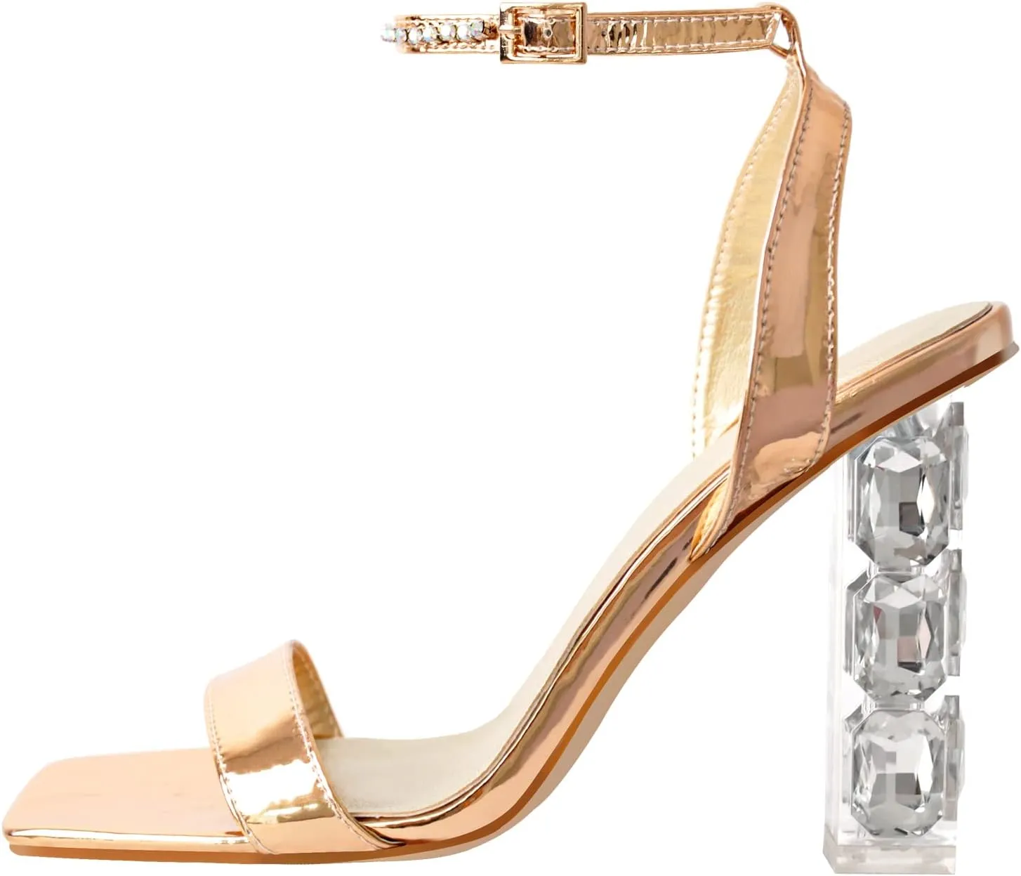 richealnini Rhinestons Strap Buckle Up Clear Heels Sandals with Block