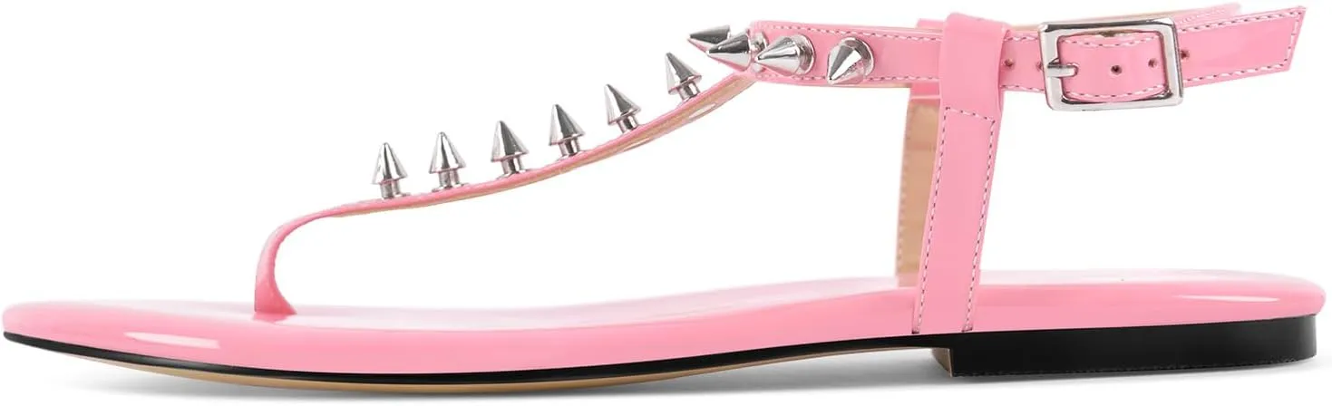 richealnini Studded Rivets Heels for Women Ankle Buckle Strap Flat Thong Sandals Comfort Casual Date Party Wedding Shoes