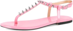 richealnini Studded Rivets Heels for Women Ankle Buckle Strap Flat Thong Sandals Comfort Casual Date Party Wedding Shoes