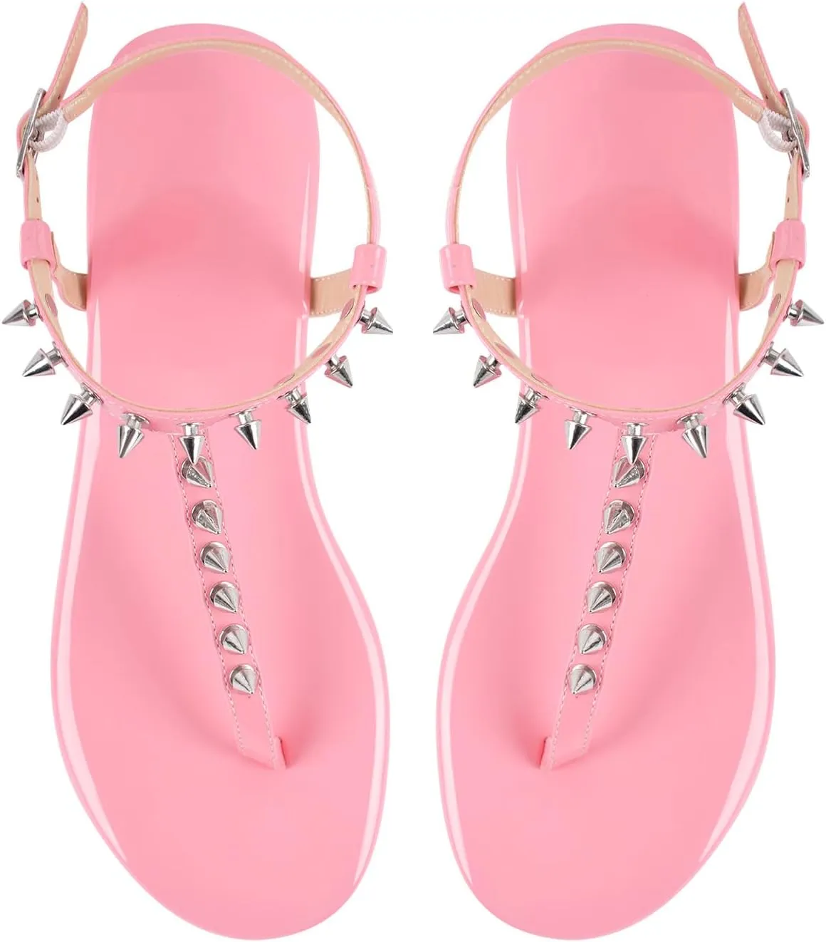 richealnini Studded Rivets Heels for Women Ankle Buckle Strap Flat Thong Sandals Comfort Casual Date Party Wedding Shoes