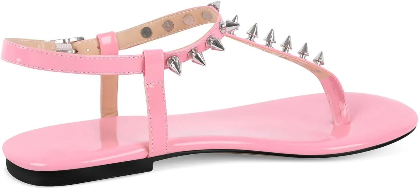 richealnini Studded Rivets Heels for Women Ankle Buckle Strap Flat Thong Sandals Comfort Casual Date Party Wedding Shoes