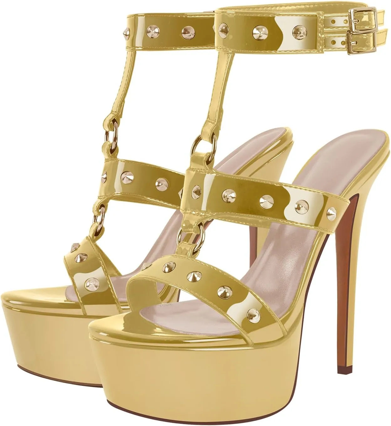 richealnini Studded Rivets Heels for Women T-strap Punk Gothic Sandals Gladiator with Platform Sky High Stiletto Heels