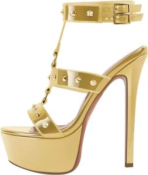 richealnini Studded Rivets Heels for Women T-strap Punk Gothic Sandals Gladiator with Platform Sky High Stiletto Heels