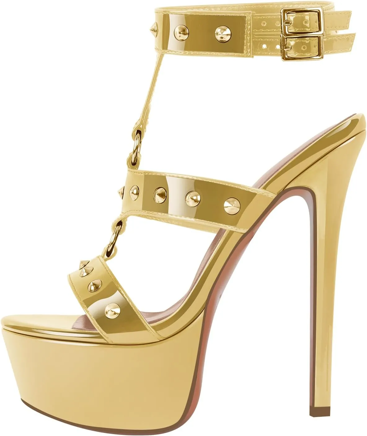 richealnini Studded Rivets Heels for Women T-strap Punk Gothic Sandals Gladiator with Platform Sky High Stiletto Heels