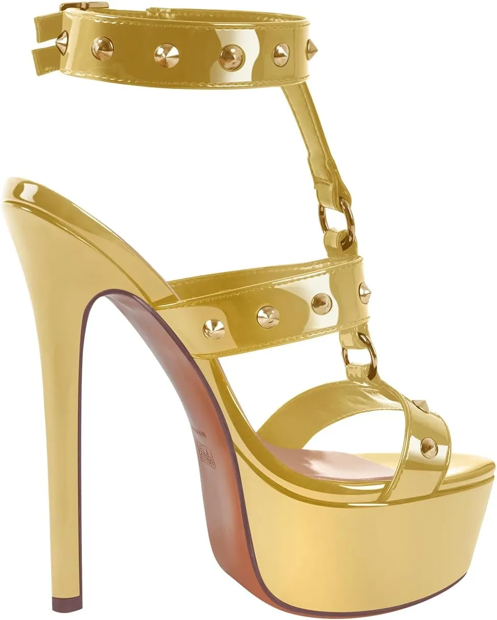 richealnini Studded Rivets Heels for Women T-strap Punk Gothic Sandals Gladiator with Platform Sky High Stiletto Heels