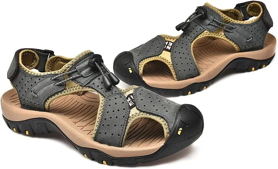 rismart Men's Closed Toe Walking Fastening Trekking Sport Shoes Suede Leather Sandals
