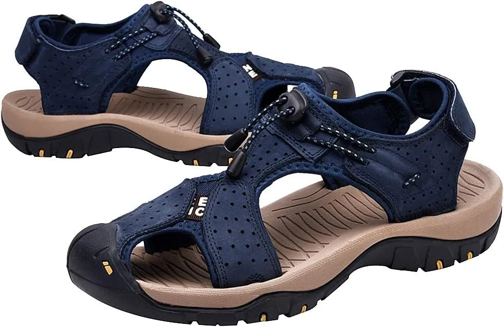 rismart Men's Closed Toe Walking Fastening Trekking Sport Shoes Suede Leather Sandals