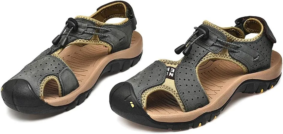 rismart Men's Closed Toe Walking Fastening Trekking Sport Shoes Suede Leather Sandals