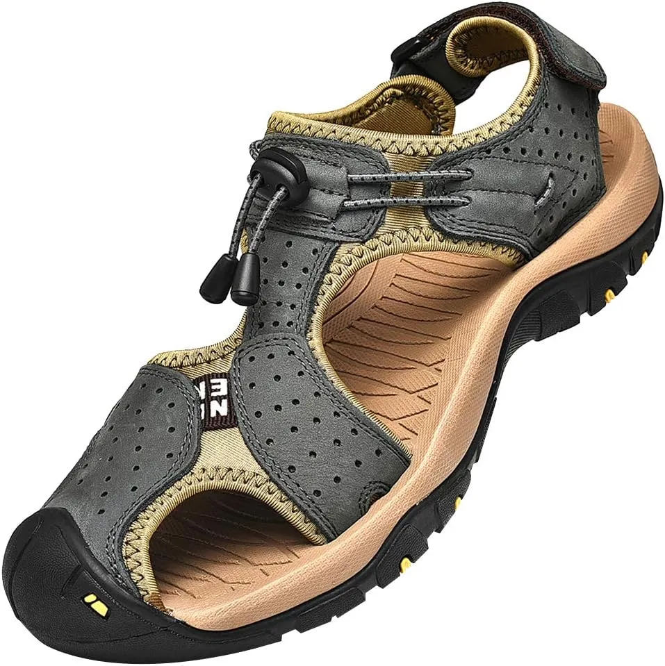 rismart Men's Closed Toe Walking Fastening Trekking Sport Shoes Suede Leather Sandals