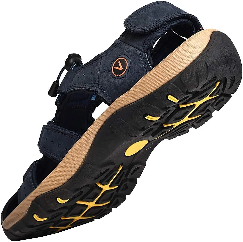 rismart Men's Closed Toe Walking Fastening Trekking Sport Shoes Suede Leather Sandals