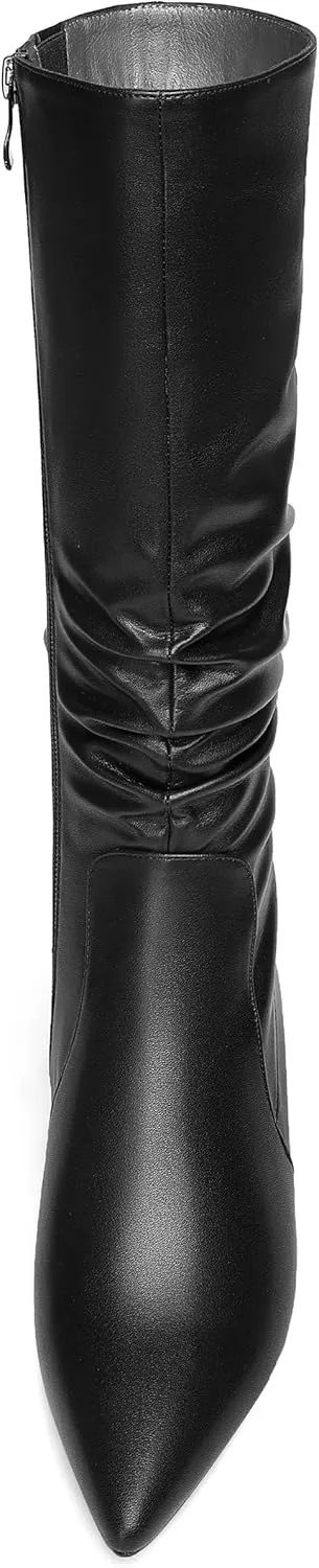 ROSERWISH Womens Party Matte Stylish Casual Zip Pointed Toe Kitten Low Heel Knee High Boots 2 Inch