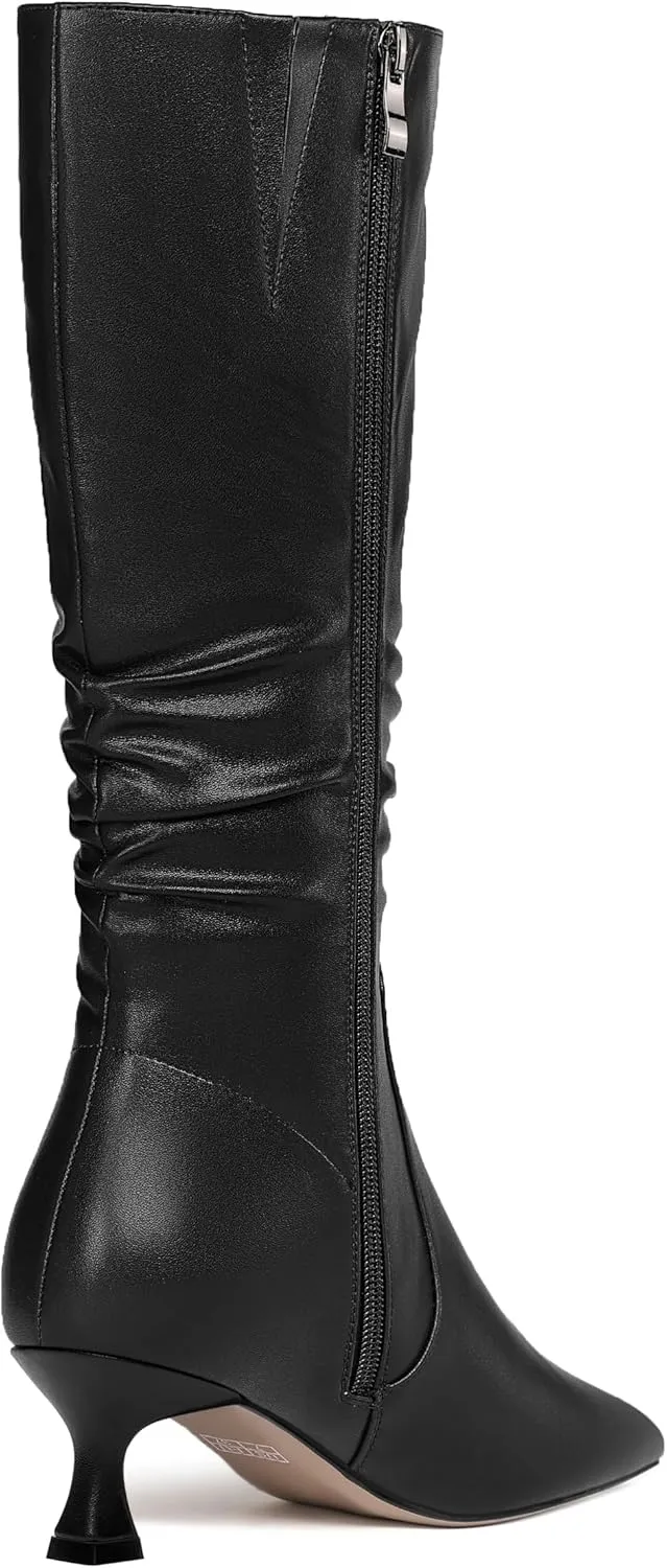 ROSERWISH Womens Party Matte Stylish Casual Zip Pointed Toe Kitten Low Heel Knee High Boots 2 Inch