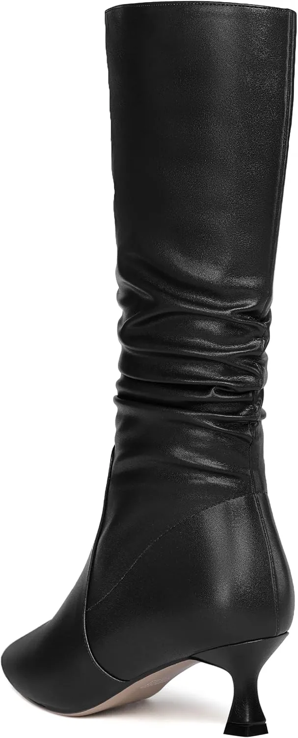 ROSERWISH Womens Party Matte Stylish Casual Zip Pointed Toe Kitten Low Heel Knee High Boots 2 Inch