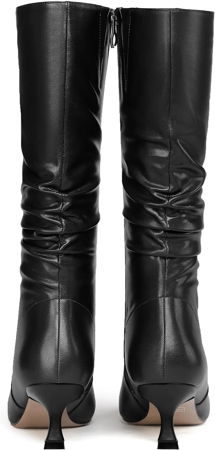 ROSERWISH Womens Party Matte Stylish Casual Zip Pointed Toe Kitten Low Heel Knee High Boots 2 Inch