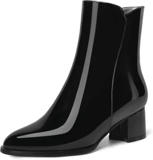 ROSERWISH Womens Round Toe Fashion Fall and Winter Side Zip Casual Patent Chunky Low Heel Ankle High Boots 2 Inch