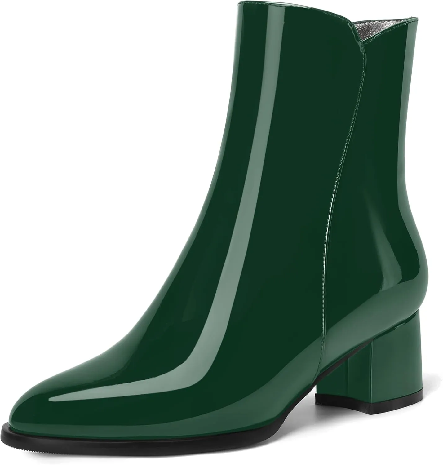 ROSERWISH Womens Round Toe Fashion Fall and Winter Side Zip Casual Patent Chunky Low Heel Ankle High Boots 2 Inch