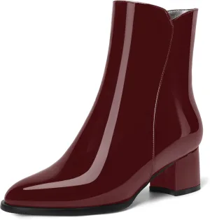 ROSERWISH Womens Round Toe Fashion Fall and Winter Side Zip Casual Patent Chunky Low Heel Ankle High Boots 2 Inch