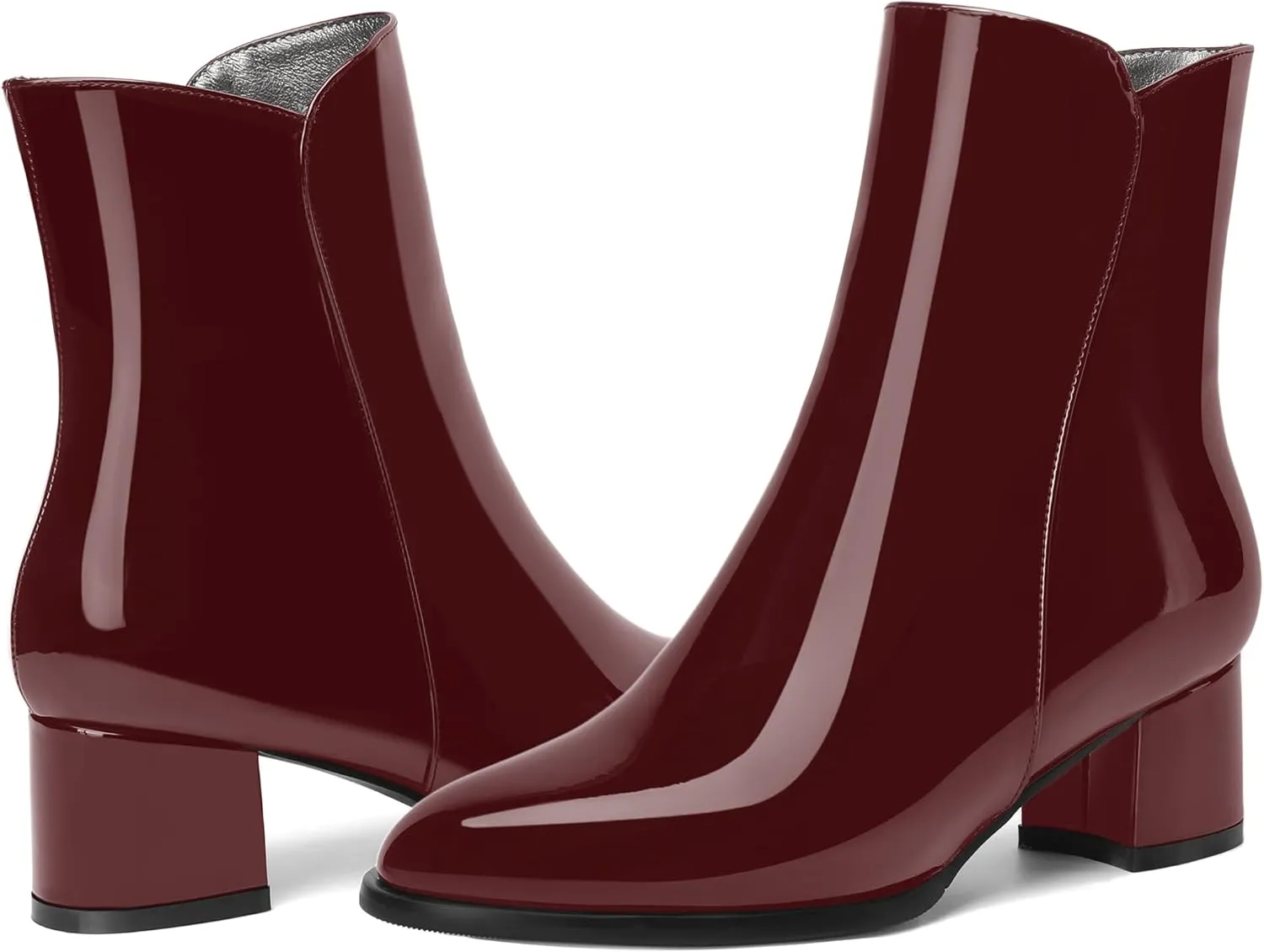 ROSERWISH Womens Round Toe Fashion Fall and Winter Side Zip Casual Patent Chunky Low Heel Ankle High Boots 2 Inch