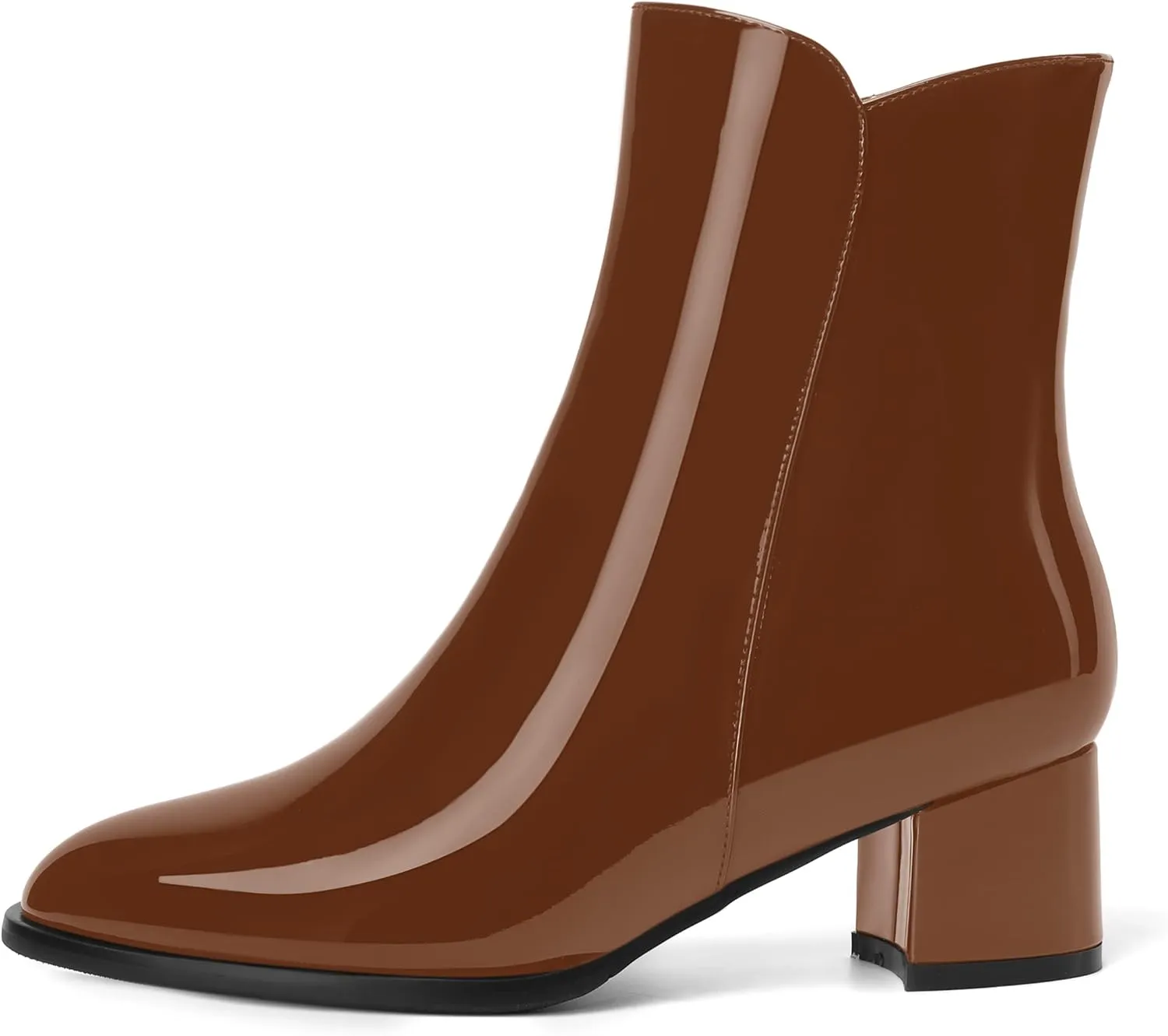 ROSERWISH Womens Round Toe Fashion Fall and Winter Side Zip Casual Patent Chunky Low Heel Ankle High Boots 2 Inch