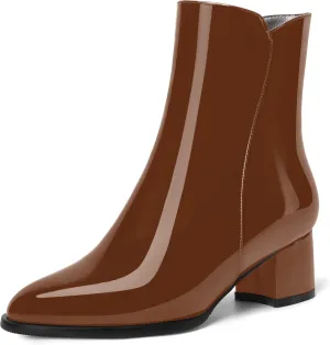 ROSERWISH Womens Round Toe Fashion Fall and Winter Side Zip Casual Patent Chunky Low Heel Ankle High Boots 2 Inch
