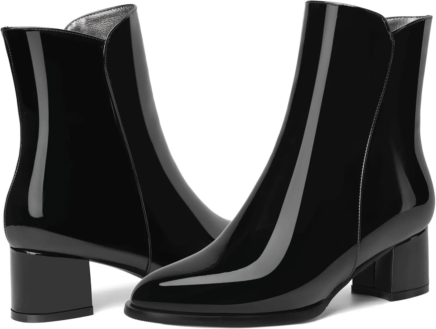 ROSERWISH Womens Round Toe Fashion Fall and Winter Side Zip Casual Patent Chunky Low Heel Ankle High Boots 2 Inch