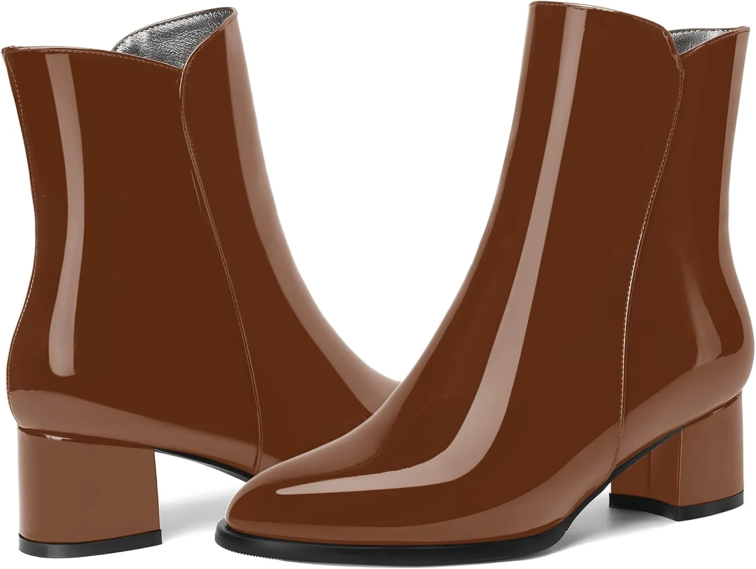 ROSERWISH Womens Round Toe Fashion Fall and Winter Side Zip Casual Patent Chunky Low Heel Ankle High Boots 2 Inch