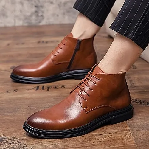 Round Toe Boots For Men Burnished Toe Side Zip Cowhide Leather Waterproof Anti-slip Dress Classic