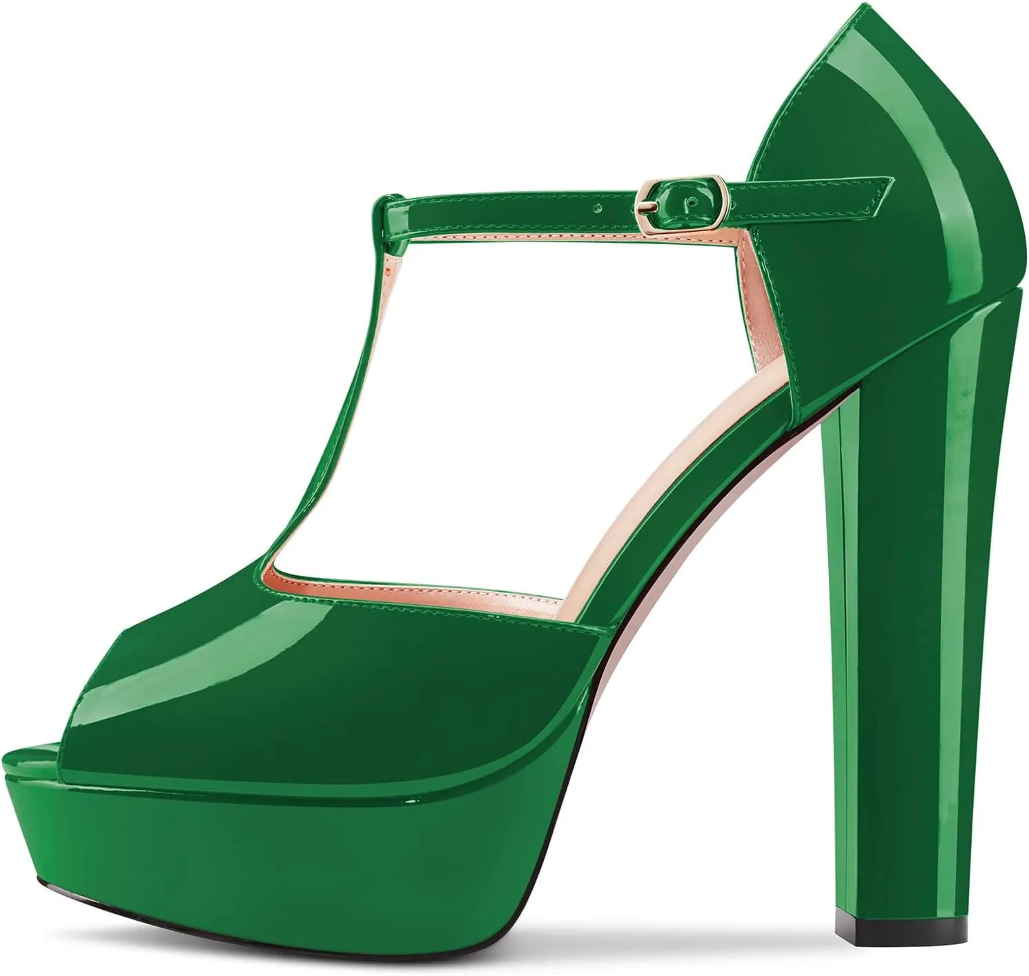 Saekcted Women Chunky Block High Heel Platform Peep Open Toe T-strap Sandals Wedding Office Dress 5.1 Inches Heels