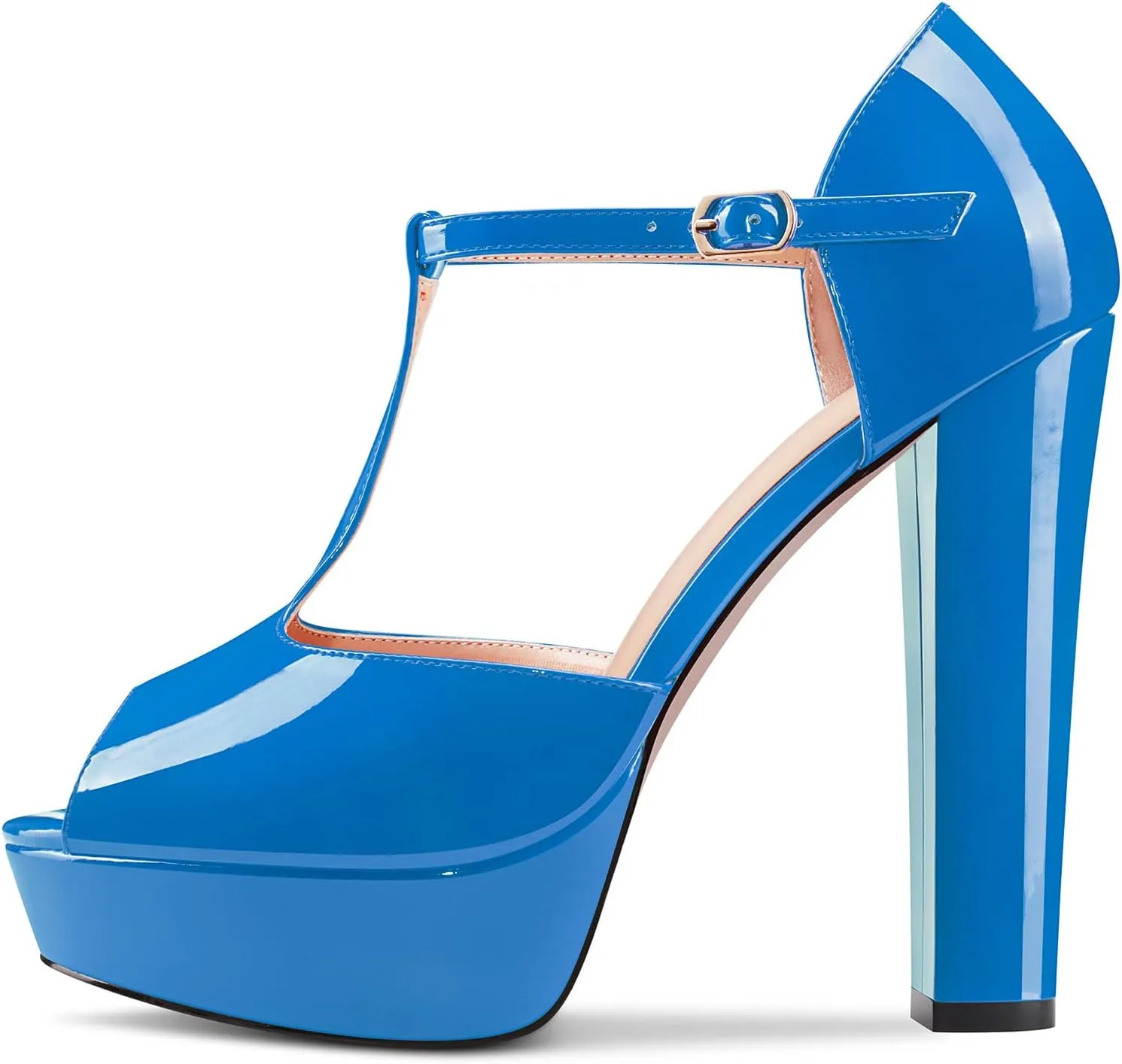 Saekcted Women Chunky Block High Heel Platform Peep Open Toe T-strap Sandals Wedding Office Dress 5.1 Inches Heels