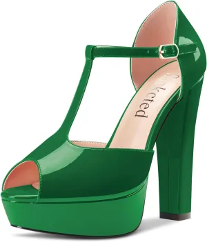 Saekcted Women Chunky Block High Heel Platform Peep Open Toe T-strap Sandals Wedding Office Dress 5.1 Inches Heels