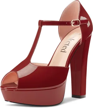 Saekcted Women Chunky Block High Heel Platform Peep Open Toe T-strap Sandals Wedding Office Dress 5.1 Inches Heels