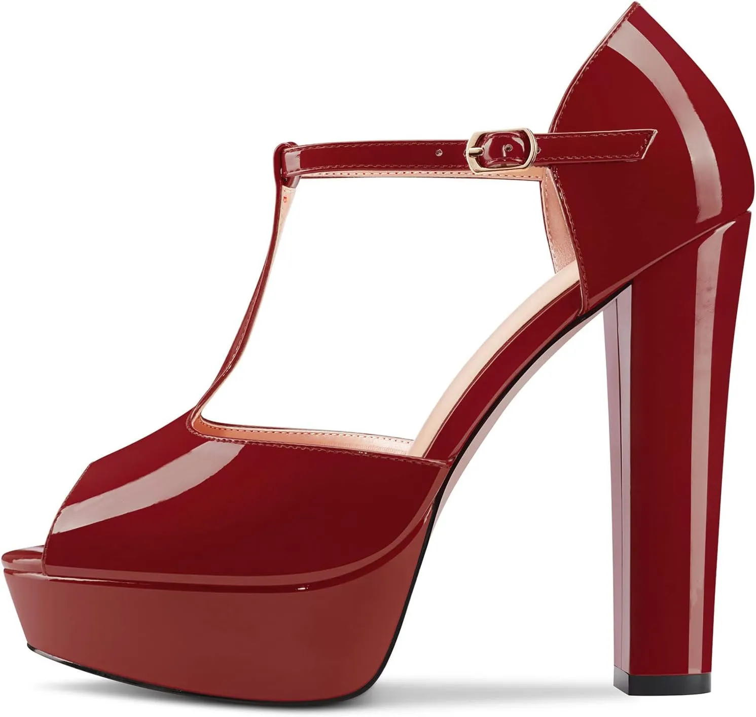 Saekcted Women Chunky Block High Heel Platform Peep Open Toe T-strap Sandals Wedding Office Dress 5.1 Inches Heels