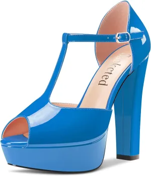 Saekcted Women Chunky Block High Heel Platform Peep Open Toe T-strap Sandals Wedding Office Dress 5.1 Inches Heels