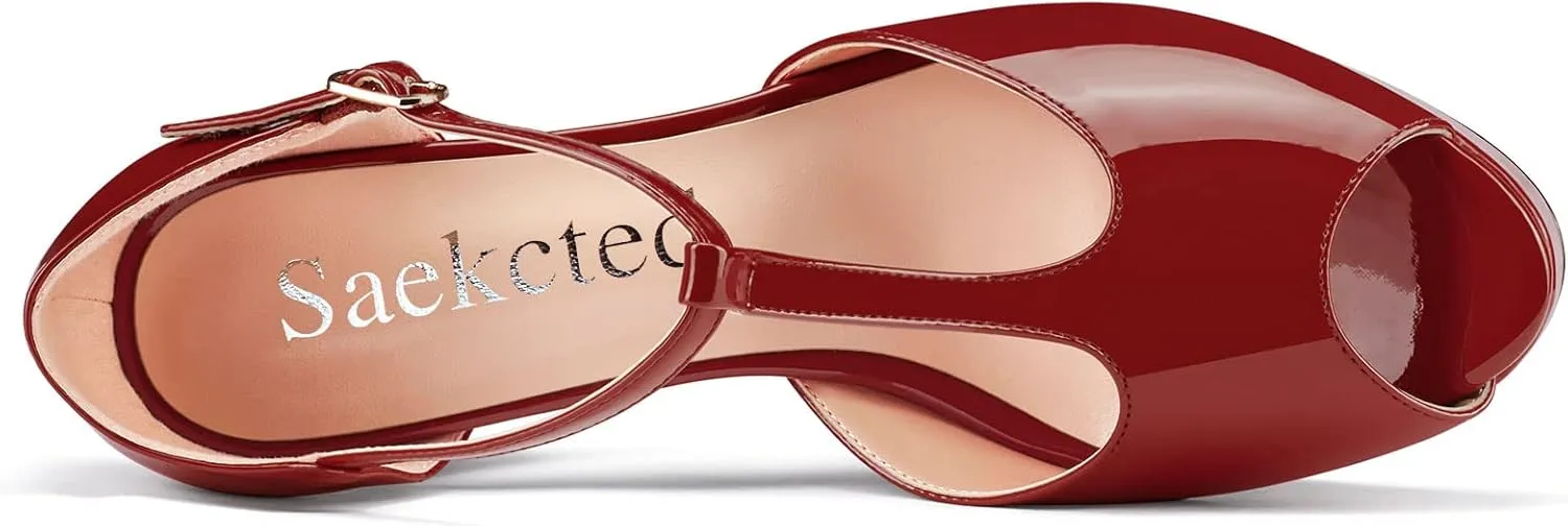 Saekcted Women Chunky Block High Heel Platform Peep Open Toe T-strap Sandals Wedding Office Dress 5.1 Inches Heels