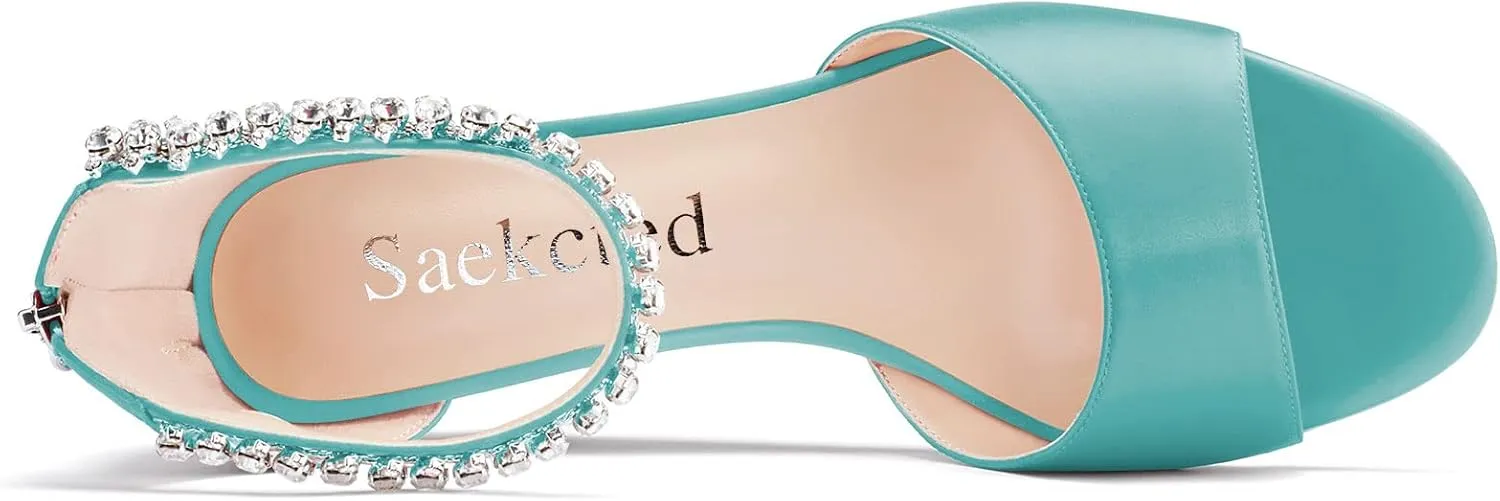 Saekcted Women Chunky Block Wedge Mid Heel Peep Open Toe Sandals Ankle Strap Diamond Crystal Wedding Party Dress 2.0 Inches Heels