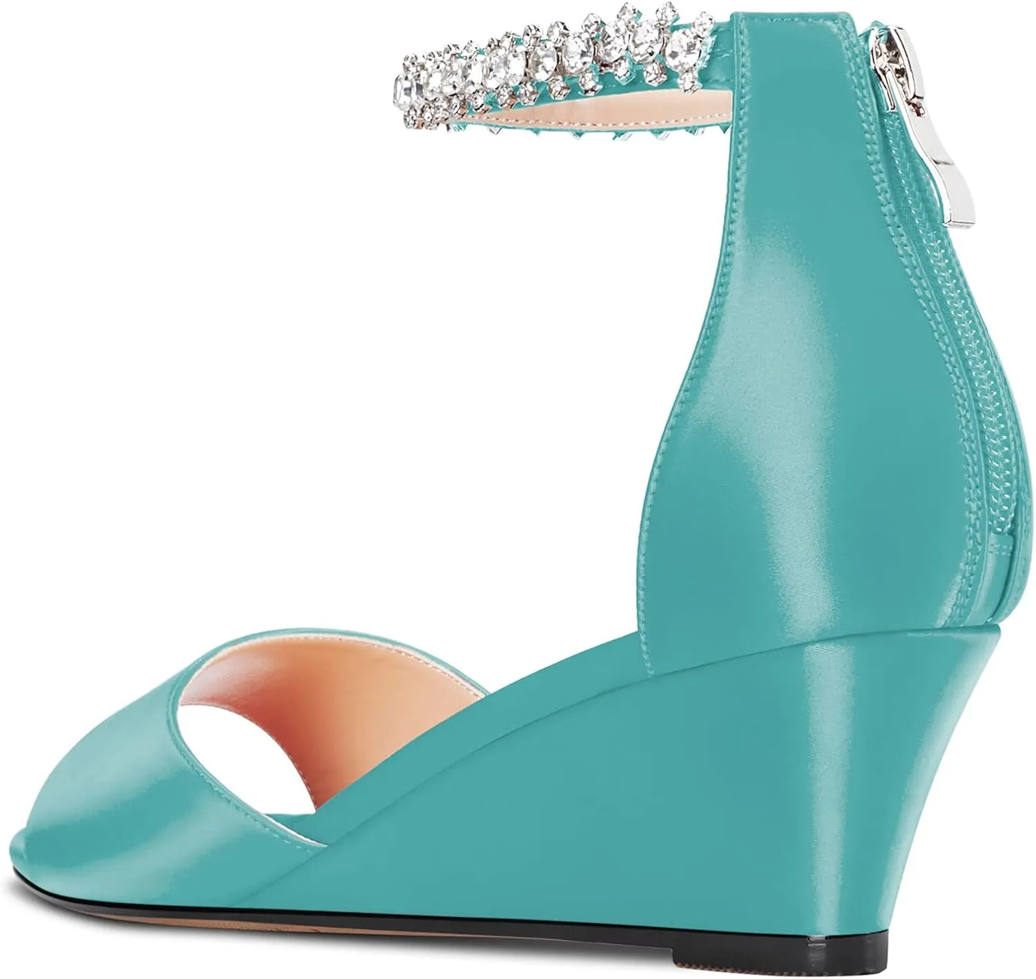 Saekcted Women Chunky Block Wedge Mid Heel Peep Open Toe Sandals Ankle Strap Diamond Crystal Wedding Party Dress 2.0 Inches Heels