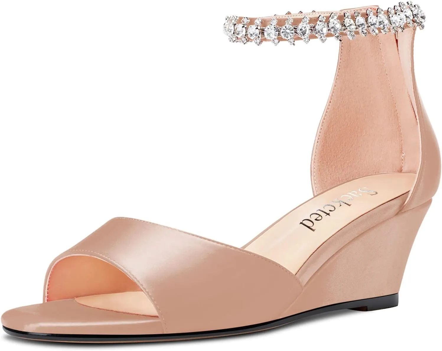 Saekcted Women Chunky Block Wedge Mid Heel Peep Open Toe Sandals Ankle Strap Diamond Crystal Wedding Party Dress 2.0 Inches Heels