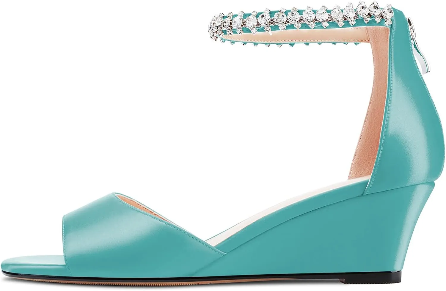 Saekcted Women Chunky Block Wedge Mid Heel Peep Open Toe Sandals Ankle Strap Diamond Crystal Wedding Party Dress 2.0 Inches Heels