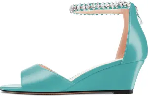Saekcted Women Chunky Block Wedge Mid Heel Peep Open Toe Sandals Ankle Strap Diamond Crystal Wedding Party Dress 2.0 Inches Heels