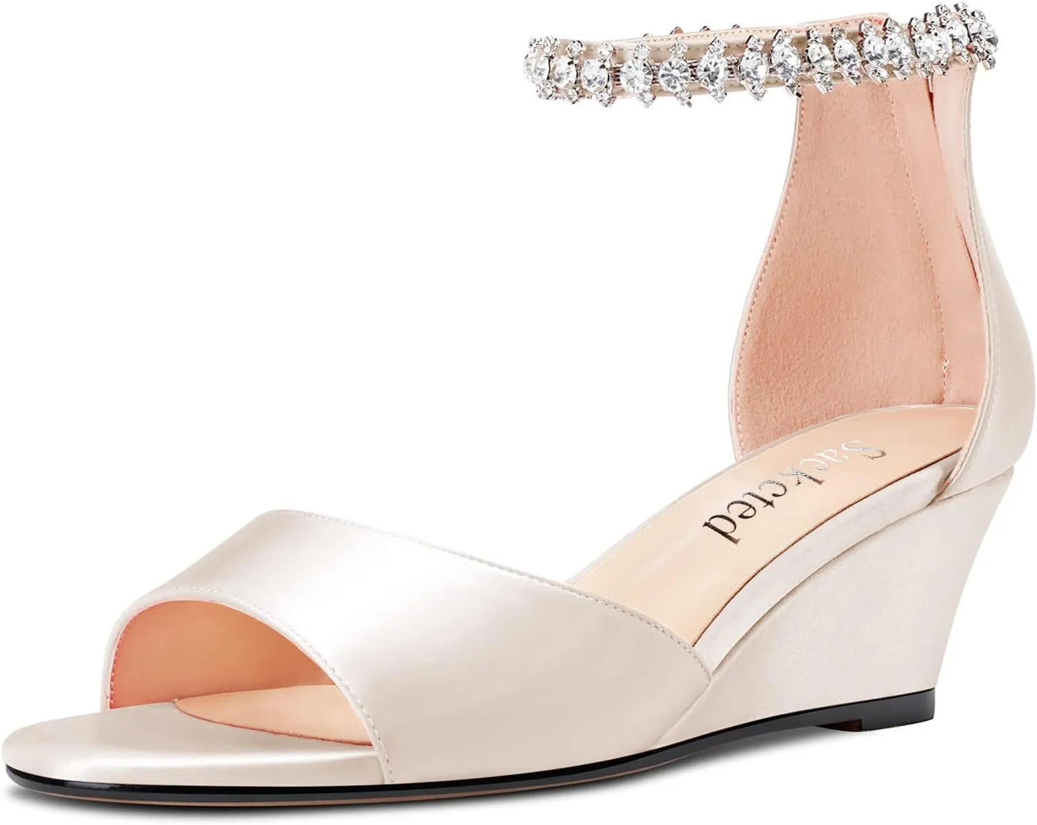 Saekcted Women Chunky Block Wedge Mid Heel Peep Open Toe Sandals Ankle Strap Diamond Crystal Wedding Party Dress 2.0 Inches Heels