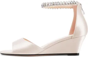 Saekcted Women Chunky Block Wedge Mid Heel Peep Open Toe Sandals Ankle Strap Diamond Crystal Wedding Party Dress 2.0 Inches Heels