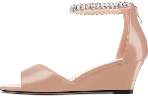 Saekcted Women Chunky Block Wedge Mid Heel Peep Open Toe Sandals Ankle Strap Diamond Crystal Wedding Party Dress 2.0 Inches Heels
